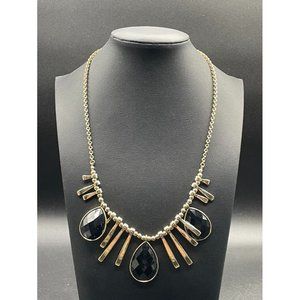 SHA Gold Tone Beads & Lines Accent Faux Onyx Teardrop Statement Necklace L18"